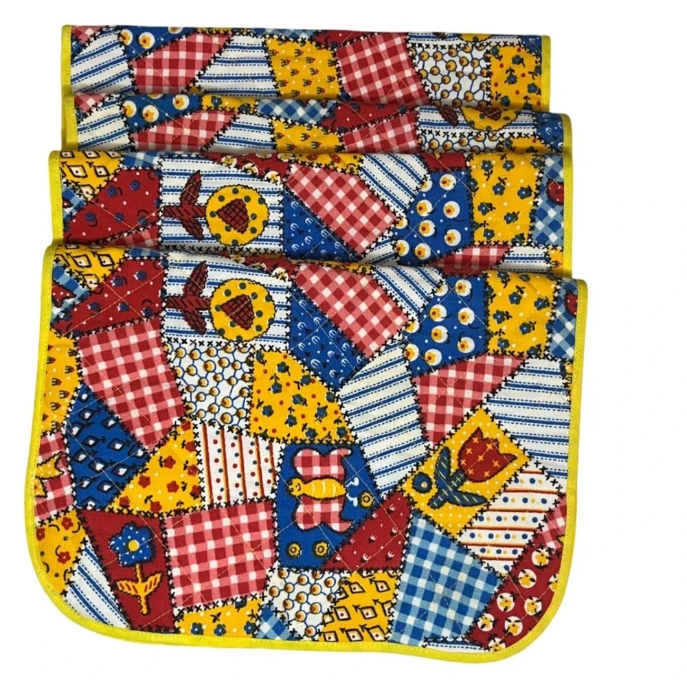 Vintage Quilted Patchwork Placemats Set of 4‎ Yellow Red gingham Blue Farmhouse